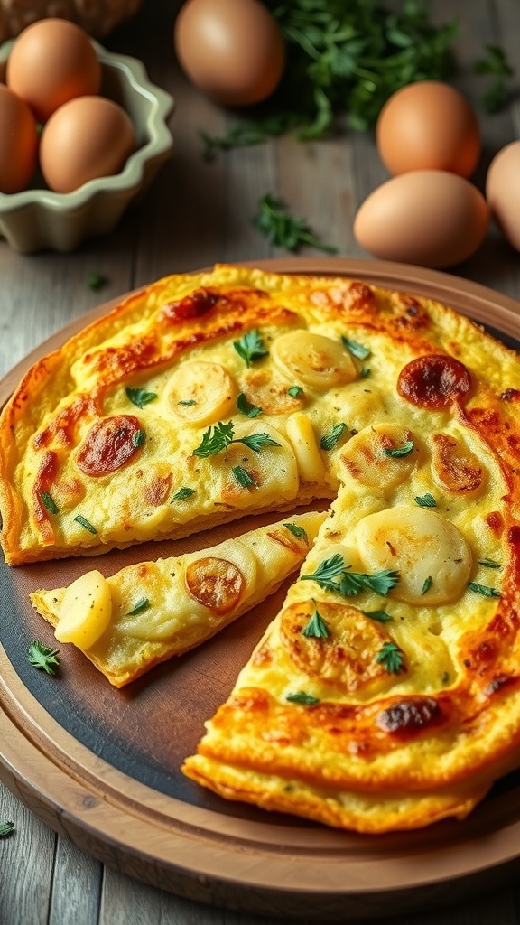 A golden brown Spanish tortilla omelette sliced into wedges, garnished with herbs on a rustic plate.